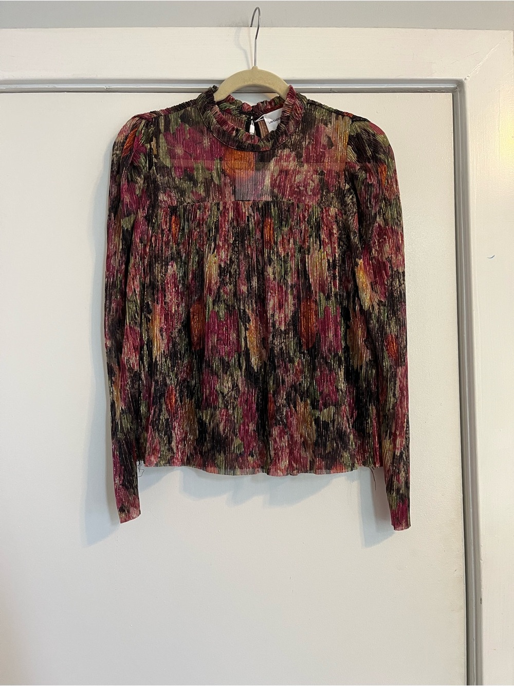 Lavender Brown Multicolor metallic Pleated Mock Neck Long Sleeve Top sheer